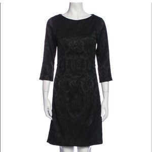 Lela Rose Printed Crew Neck A-Line Three-quarter Sleeves Midi Black Dress Sz. 4